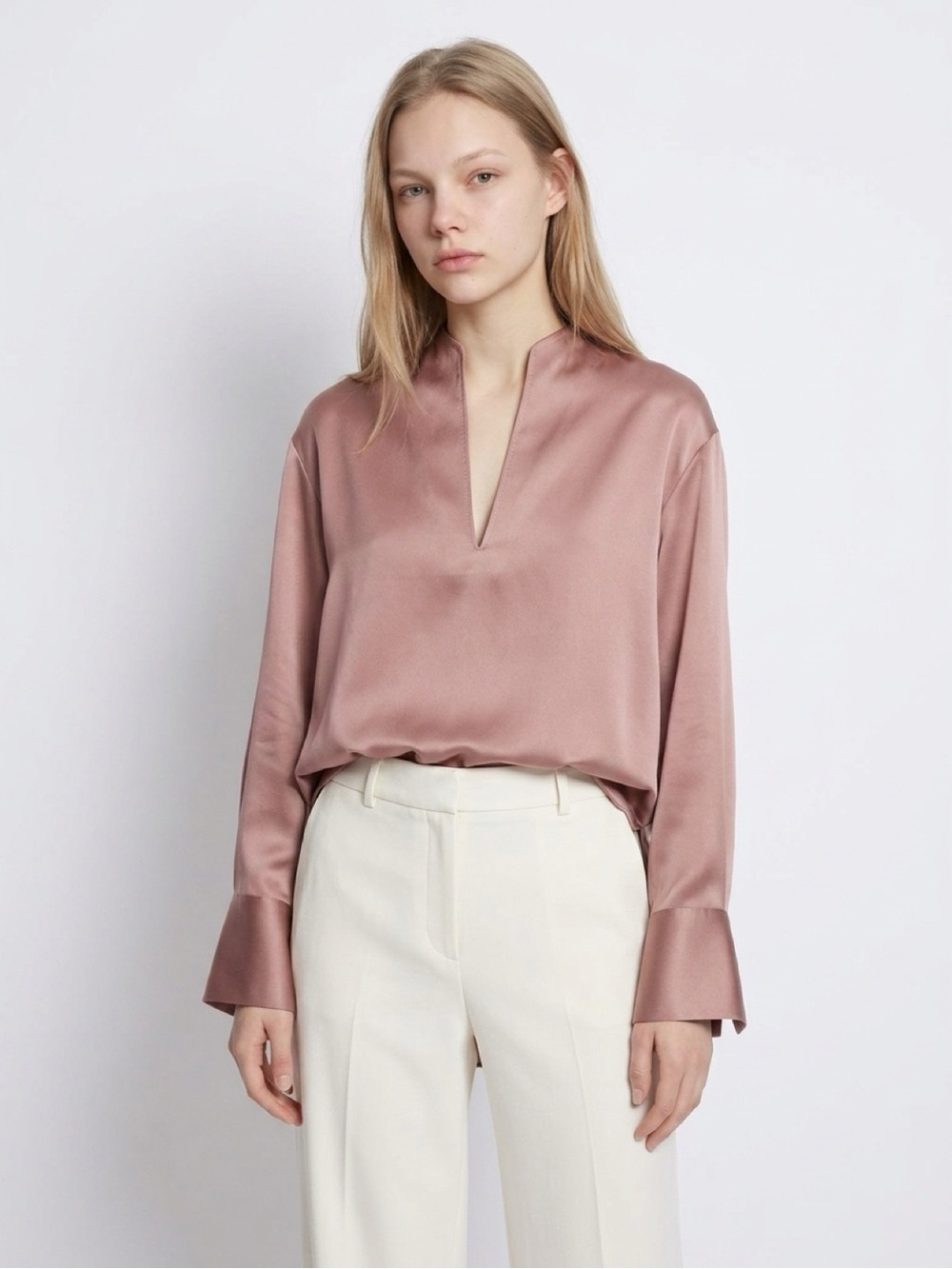 Vince WSilky Notch-Neck Long-Sleeve Top in Dusty Rose